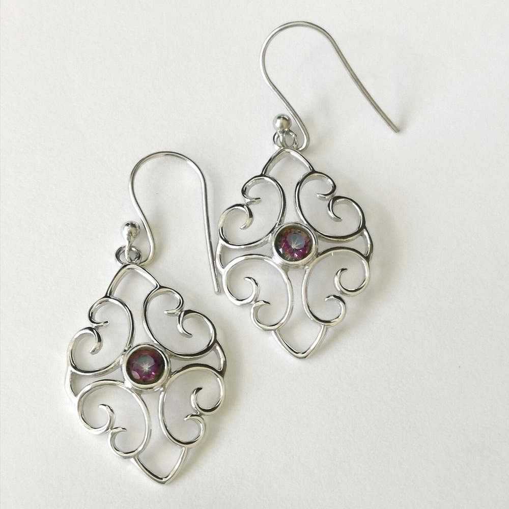 Sterling silver filigree Mystic Topaz dangle earrings